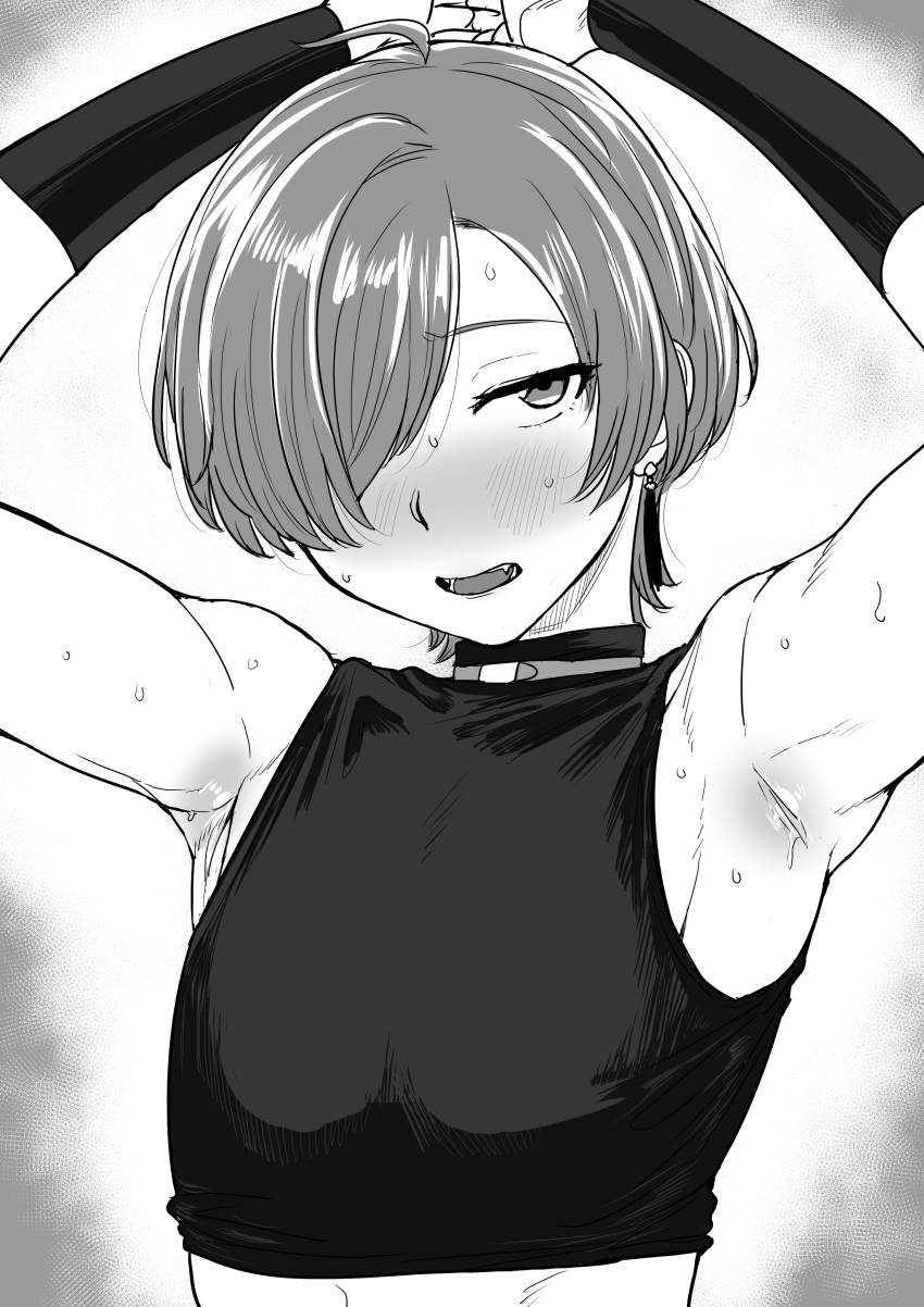 1other absurdres ahoge armband armpits bare_shoulders blush earrings fangs hair_over_one_eye highres jewelry kaiman_garupan midriff nijisanji open_mouth ryuushen shirt short_hair sleeveless sleeveless_shirt sweat virtual_youtuber