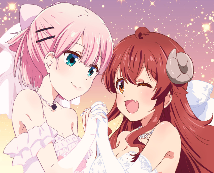 2girls ;d bare_shoulders breasts brown_eyes brown_horns chiyoda_momo cleavage commentary_request curled_horns demon_girl demon_horns dress green_eyes hair_ornament hairclip highres holding_hands horns interlocked_fingers looking_at_another machikado_mazoku medium_breasts mukaibi_aoi multiple_girls one_eye_closed pink_hair red_hair small_breasts smile wedding_dress white_dress wife_and_wife yoshida_yuuko_(machikado_mazoku) yuri