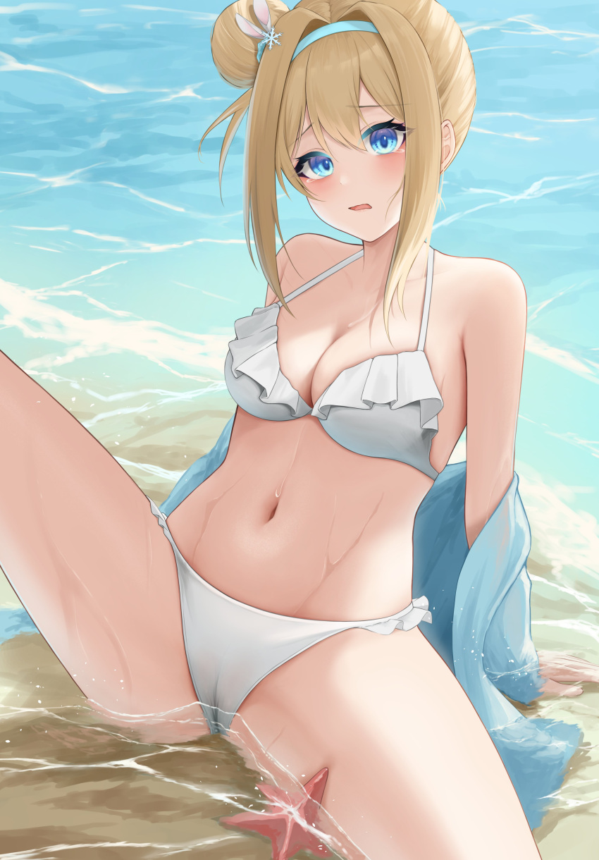 absurdres arm_support bikini blonde_hair blue_eyes blue_hairband blue_jacket blush breasts cleavage codename696 commentary_request female frilled_bikini frills girls'_frontline girls'_frontline_2:_exilium hair_between_eyes hair_bun hair_ornament hairband highres jacket looking_at_viewer navel off_shoulder official_alternate_costume open_clothes open_jacket open_mouth sand sidelocks single_hair_bun sitting snowflake_hair_ornament solo spread_legs starfish stomach suomi_(girls'_frontline) suomi_(midsummer_pixie)_(girls'_frontline) swimsuit water white_bikini