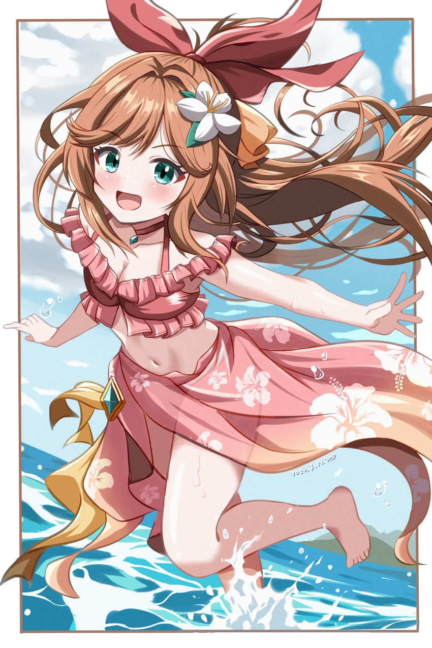 absurdres bikini bow clarisse_(granblue_fantasy) clarisse_(summer)_(granblue_fantasy) female floral_print flower frilled_bikini frills granblue_fantasy hair_flower hair_ornament hairbow halterneck highres off-shoulder_bikini off_shoulder official_alternate_costume orange_hair ponytail print_sarong red_bikini red_sarong sarong solo swimsuit yanapy