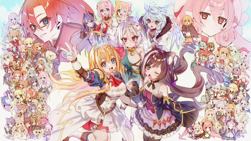 1boy 6+girls akari_(princess_connect!) akino_(princess_connect!) anna_(princess_connect!) aoi_(princess_connect!) bare_shoulders blonde_hair book breasts butterfly_mask cape character_request chika_(princess_connect!) christina_(princess_connect!) closed_mouth eriko_(princess_connect!) everyone flaming_skull flower food gloves green_eyes green_hair hair_between_eyes hair_flower hair_ornament hatsune_(princess_connect!) here_(hr_rz_ggg) highres hiyori_(princess_connect!) homare_(princess_connect!) illya_(princess_connect!) inori_(princess_connect!) io_(princess_connect!) jun_(princess_connect!) karin_(princess_connect!) karyl_(princess_connect!) kaya_(princess_connect!) kokkoro_(princess_connect!) kyoka_(princess_connect!) labyrista_(princess_connect!) lima_(princess_connect!) looking_at_viewer mahiru_(princess_connect!) mask matsuri_(princess_connect!) mifuyu_(princess_connect!) mimi_(princess_connect!) misaki_(princess_connect!) misato_(princess_connect!) misogi_(princess_connect!) mitsuki_(princess_connect!) miyako_(princess_connect!) multiple_girls nanaka_(princess_connect!) navel nozomi_(princess_connect!) oerba_yun_fang one_eye_closed pecorine_(princess_connect!) pink_hair pointy_ears princess_connect! pudding rei_(princess_connect!) rino_(princess_connect!) ruka_(princess_connect!) saren_(princess_connect!) shinobu_(princess_connect!) skin_fang skull smile suzume_(princess_connect!) suzuna_(princess_connect!) tamaki_(princess_connect!) tomo_(princess_connect!) tsumugi_(princess_connect!) yori_(princess_connect!) yui_(princess_connect!) yukari_(princess_connect!) yuki_(princess_connect!) yuni_(princess_connect!)