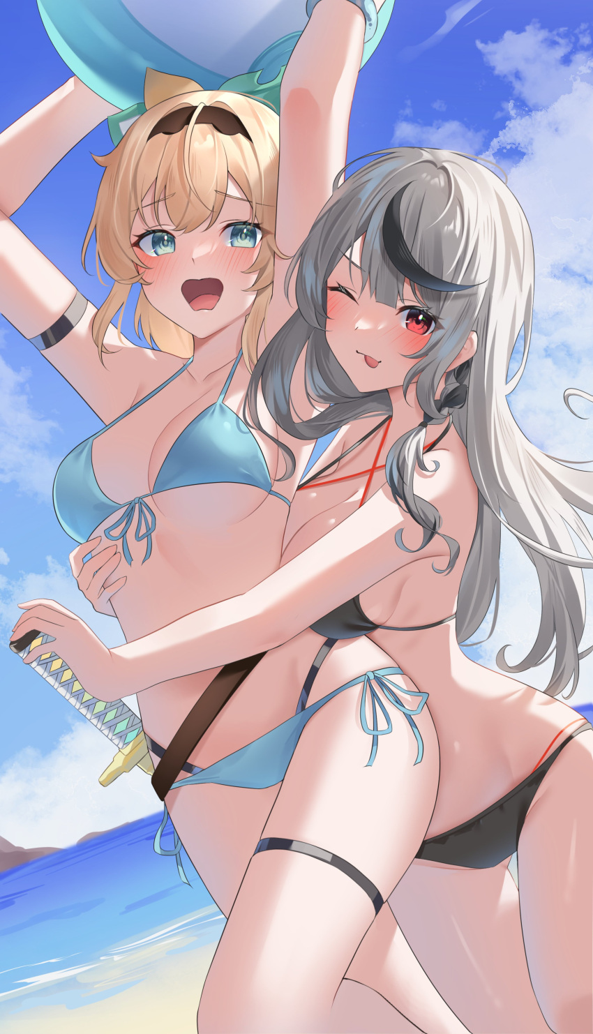 2girls :p absurdres ahoge alternate_costume aqua_bikini aqua_eyes arms_up ass_visible_through_thighs ball beach beachball bikini black_bikini black_hair black_hairband blonde_hair blue_sky blush bow breasts center-flap_bangs cloud commentary_request criss-cross_halter crossed_bangs day double-parted_bangs feet_out_of_frame front-tie_bikini_top front-tie_top grey_hair hair_between_eyes hairband hairbow halterneck highleg highleg_bikini highres holding holding_ball holding_beachball hololive hug hug_from_behind katana kazama_iroha large_breasts long_hair looking_at_viewer medium_breasts medium_hair multi-strapped_bikini_bottom multicolored_bow multicolored_hair multiple_girls one_eye_closed open_mouth outdoors pendora1022 ponytail red_eyes sakamata_chloe side-tie_bikini_bottom sideboob sky streaked_hair swimsuit sword thigh_strap tongue tongue_out virtual_youtuber weapon