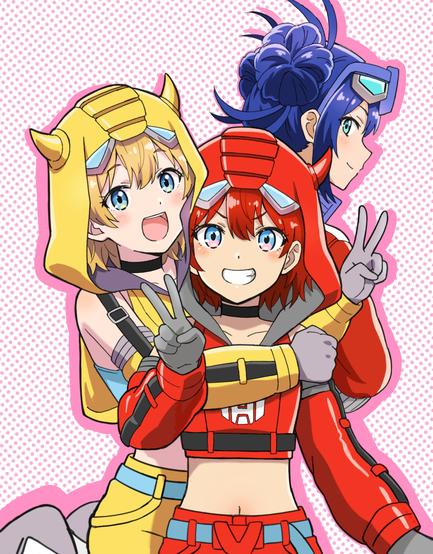 3girls absurdres belt blue_belt blue_eyes blue_hair blush bumblebee_(kotobukiya_bishoujo)_(transformers) bumblebee_(transformers) cliffjumper cliffjumper_(kotobukiya_bishoujo) double_bun eyewear_on_head glasses hair_behind_ear hair_bun highres hood hood_up hoodie horns hug komagoma kotobukiya_bishoujo looking_at_viewer midriff multiple_girls navel optimus_prime optimus_prime_(kotobukiya_bishoujo) polka_dot polka_dot_background red_hoodie red_shorts shorts sleeveless sleeveless_hoodie smile transformers v v-shaped_eyebrows yellow_hoodie yellow_shorts