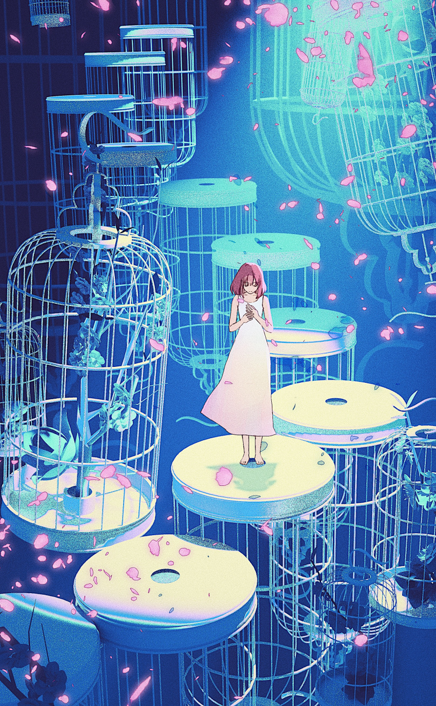 absurdres barefoot birdcage blender_(medium) branch cage chinese_commentary closed_eyes closed_mouth collarbone commentary dress facing_viewer female flower hands_on_own_chest highres maionese medium_hair original petals pink_hair sleeveless sleeveless_dress solo standing white_dress wide_shot