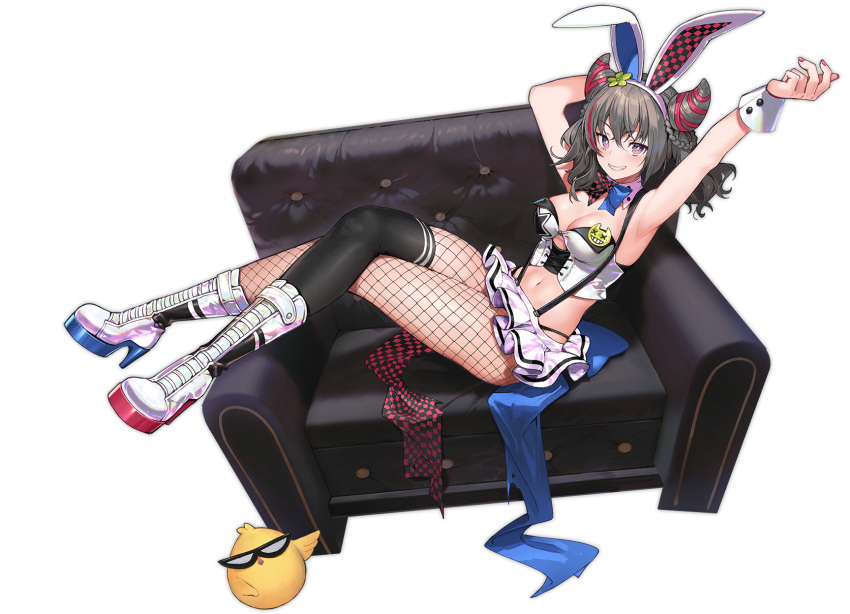 animal_ears armpits arms_up azur_lane bare_arms bare_shoulders bird black_legwear boots bow bowtie breasts bright_pupils chair chick cleavage crop_top detached_collar fake_animal_ears female fishnet_pantyhose fishnets grey_hair grin hair_horns hairband highres knee_boots large_breasts long_hair looking_at_viewer manjuu_(azur_lane) midriff miniskirt multicolored_hair nagu nail_polish navel official_art pantyhose pink_eyes rabbit_ears reclining revealing_clothes san_francisco_(azur_lane) san_francisco_(funny_bunny!)_(azur_lane) shirt single_thighhigh sitting_sideways skirt smile solo stomach strapless strapless_shirt streaked_hair suspenders thighhighs transparent_background white_footwear white_shirt white_skirt wrist_cuffs