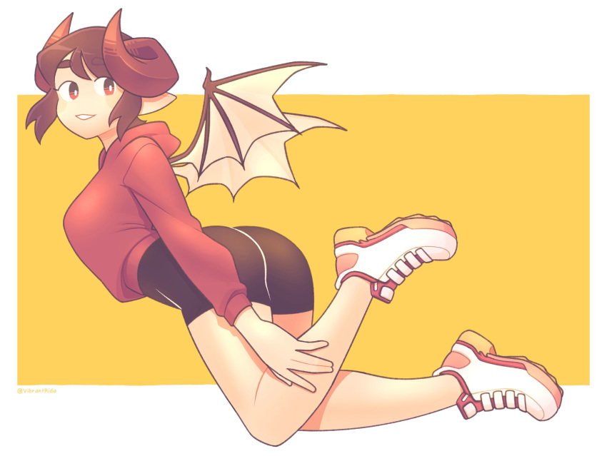 artist_name bike_shorts brown_hair clip_studio_paint_(medium) commission curled_horns demon_girl demon_wings female highres hood hoodie horns looking_at_viewer nona_(thirnz) original pointy_ears red_eyes shoes smile sneakers solo vibrantrida wings