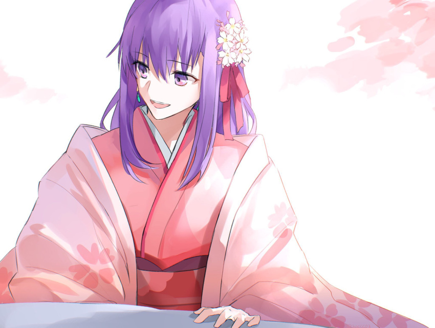 cherry_blossoms fate/grand_order fate_(series) female flower hair_between_eyes hair_flower hair_ornament hair_ribbon highres hoshi_rasuku japanese_clothes kasuga_no_tsubone_(fate) kimono long_hair open_mouth pink_kimono purple_eyes purple_hair ribbon simple_background smile solo upper_body