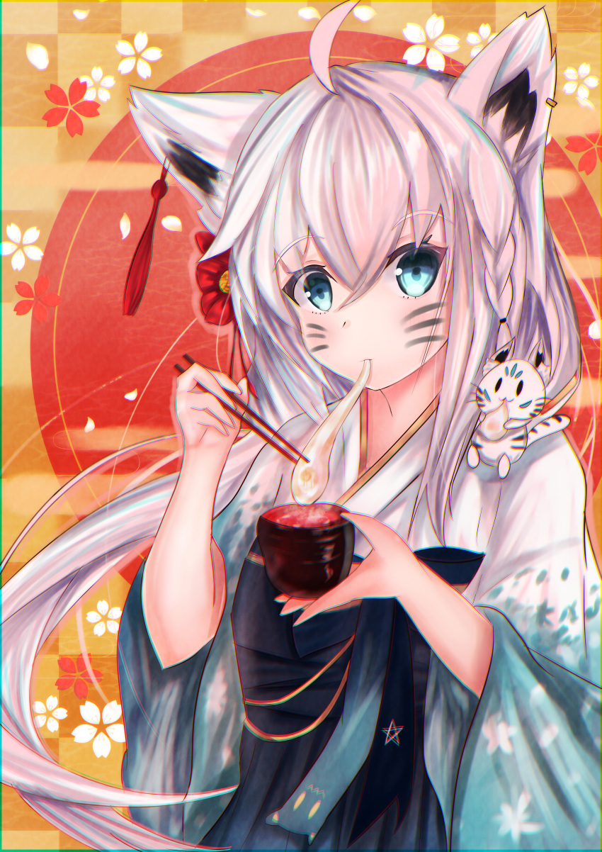 absurdres ahoge animal_ear_fluff animal_ears bowl braid chopsticks commentary_request earrings eating facial_mark female food fox_ears fox_girl green_eyes hair_between_eyes hair_ornament highres holding holding_bowl holding_chopsticks hololive japanese_clothes jewelry kimono long_hair looking_at_viewer mochi mochi_trail obi sash shirakami_fubuki shirakami_fubuki_(new_year) sidelocks single_braid solo soma443 sukonbu_(shirakami_fubuki) virtual_youtuber whisker_markings white_hair