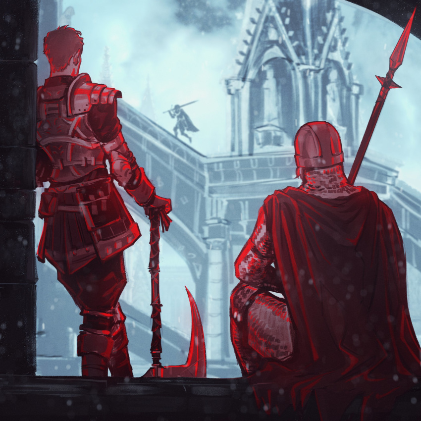 1other 2boys armor axe bearer_of_the_curse black_cape boots cape creighton_of_mirrah dark_souls_(series) dark_souls_ii donlemefo from_behind gloves greaves hand_on_hilt helmet highres holding holding_polearm holding_weapon leaning_on_object looking_at_another mild_mannered_pate multiple_boys pants pauldrons planted polearm pouch running short_hair shoulder_armor sitting spear stairs standing tower weapon