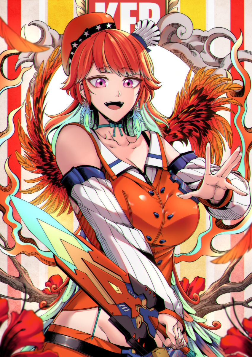 absurdres bad_id bad_twitter_id breasts chef_hat commentary english_commentary female hat highres holding holding_sword holding_weapon hololive hololive_english kfc large_breasts looking_down open_hand open_mouth orange_hair pink_eyes smile solo sword takanashi_kiara takanashi_kiara_(1st_costume) virtual_youtuber weapon yugo_(yugotme97)