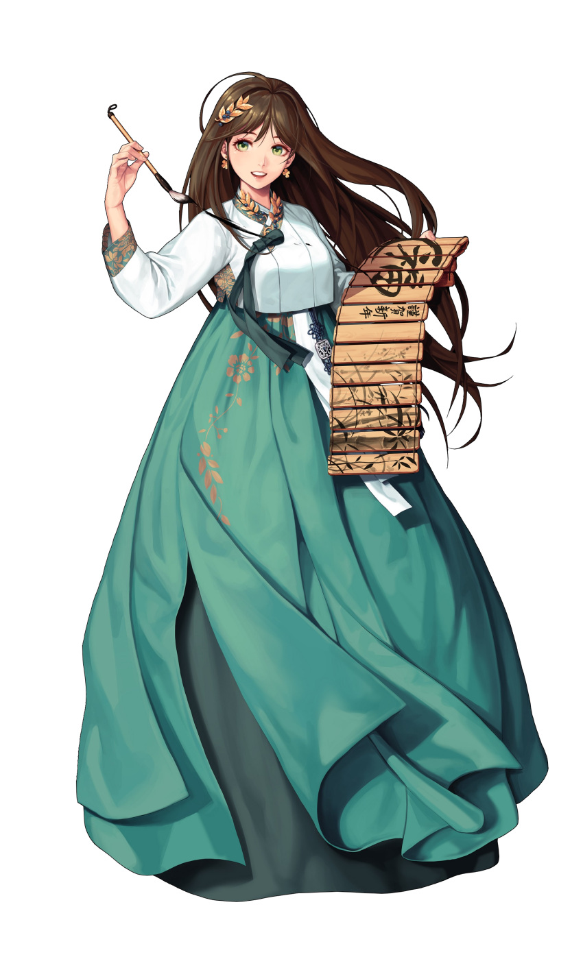 absurdres ahoge bamboo_scroll black_survival blue_skirt brown_hair calligraphy calligraphy_brush clover_earrings female fingernails floral_print full_body green_eyes gweon_sua hair_between_eyes hanbok highres holding holding_brush holding_paintbrush korean_clothes lips long_hair long_skirt long_sleeves looking_at_viewer official_alternate_costume official_art open_mouth paintbrush skirt solo standing teeth translation_request transparent_background upper_teeth_only yamakawa