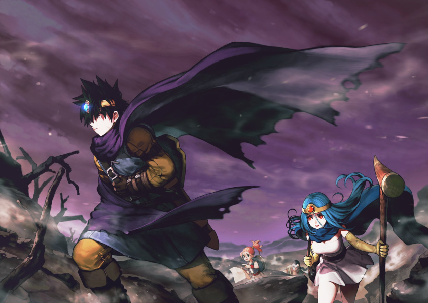 2boys 2girls black_hair blue_hair boots breasts cape commentary_request dragon_quest dragon_quest_iii fighter_(dq3) forehead headband hero_(dq3) highres holding holding_map jun_(navigavi) large_breasts long_hair map merchant_(dq3) multiple_boys multiple_girls pink_hair ponytail purple_sky red_eyes roto_(dq3) sage_(dq3) serious short_hair sky staff standing