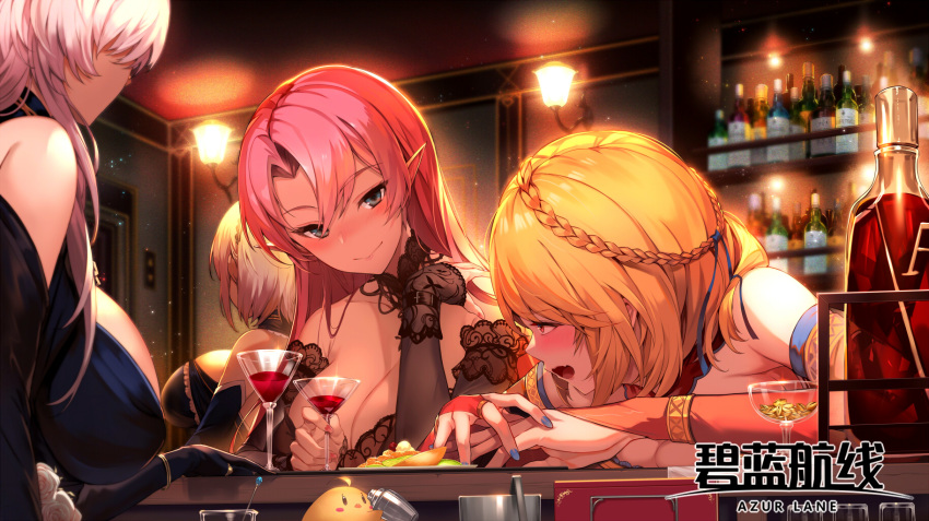 4girls alcohol alternate_costume azur_lane bare_shoulders belfast_(azur_lane) belfast_(the_noble_attendant)_(azur_lane) blonde_hair blue_nails blush braid breasts bridal_gauntlets chains commentary crown_braid cup detached_sleeves dress drinking_glass drunk duke_of_york_(azur_lane) duke_of_york_(eternal_night's_carola)_(azur_lane) elbow_gloves french_braid gloves hair_ornament halter_dress halterneck hand_up highres indoors jewelry kakage large_breasts long_hair looking_at_viewer manjuu_(azur_lane) multiple_girls official_alternate_costume open_mouth prince_of_wales_(azur_lane) red_eyes short_hair sirius_(azur_lane) smile white_hair wristband