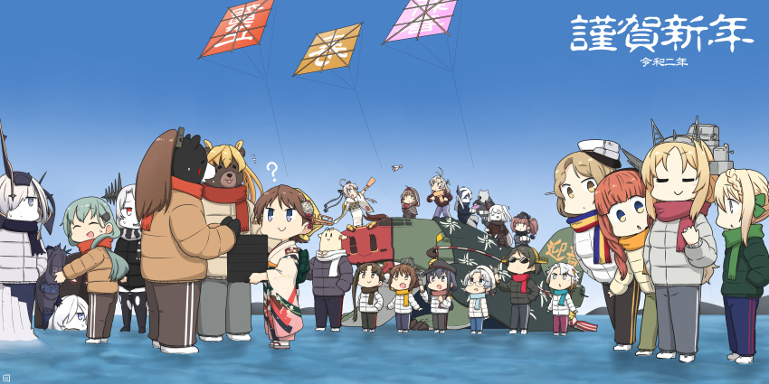 6+girls :d ? ^_^ absurdres abukuma_(kancolle) abyssal_ship ahoge air_defense_cruiser_princess aircraft_carrier_princess akatsuki_(kancolle) akishimo_(kancolle) akitsushima_(kancolle) alternate_costume animal animalization atlanta_(kancolle) ayanami_(kancolle) batavia_princess bear black_jacket black_pants black_scarf blonde_hair blue_eyes blue_pants blue_scarf blush braid brown_eyes brown_hair brown_jacket brown_pants brown_scarf checkered closed_eyes colored_skin commentary_request de_ruyter_(kancolle) fringe_trim green_hair green_pants green_scarf grey_eyes grey_hair grey_jacket grey_scarf hair_between_eyes hair_rings hairband hamu_koutarou hands_in_pockets happy_new_year he-class_light_cruiser headgear hiei_(kancolle) highres hirato_(kancolle) horns houston_(kancolle) jacket japanese_clothes kanji kantai_collection kimono kinugasa_(kancolle) kirishima_(kancolle) kite kite_flying kumano_(kancolle) long_hair long_sleeves multicolored_clothes multicolored_scarf multiple_girls ne-class_heavy_cruiser nelson_(kancolle) new_year nishikitaitei-chan obi open_mouth orange_scarf pants pantyhose partial_commentary perth_(kancolle) purple_eyes purple_hair purple_pants red_eyes red_hair red_scarf remodel_(kantai_collection) sandals sash scarf shinshuu_maru_(kancolle) short_hair side_ponytail signature single_horn smile spikes submarine_princess suzuya_(kancolle) sweat tabi the_yuudachi-like_creature twin_braids white_hair white_jacket white_kimono white_scarf white_skin yellow_eyes yellow_jacket yukikaze_(kancolle) zouri