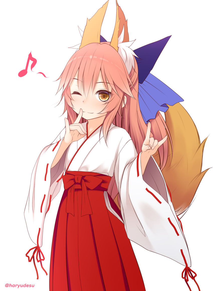 absurdres aged_down animal_ear_fluff animal_ears blue_ribbon brown_eyes commentary_request double_fox_shadow_puppet extra_ears fate/extra fate_(series) female finger_to_mouth fox_ears fox_girl fox_shadow_puppet fox_tail hair_between_eyes hair_ribbon hakama haryuu_(poetto) highres japanese_clothes light_smile long_hair looking_at_viewer miko musical_note one_eye_closed pink_hair ribbon ribbon-trimmed_sleeves ribbon_trim short_ponytail simple_background solo tail tamamo_(fate) tamamo_no_mae_(fate/extra) twitter_username white_background wide_sleeves