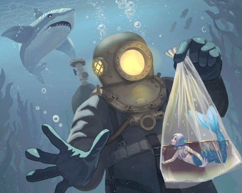 air_bubble blue_eyes blue_hair breasts bubble diving_helmet diving_suit dry_suit female fins head_fins helmet medium_breasts mermaid mini_person minigirl monster_girl original oxygen_tank shark shell shell_bikini short_hair size_difference standard_diving_dress tunguu underwater