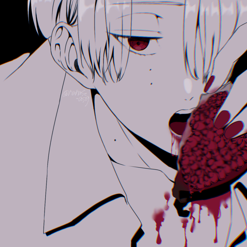 1boy asagi_nanase black_background eating food fruit highres holding holding_food holding_fruit juice kirisaki_shidou looking_at_viewer male_focus milgram mole mole_under_eye nail_polish open_mouth partially_colored pomegranate red_eyes red_nails solo