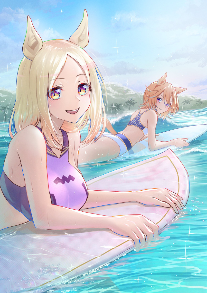 2girls animal_ears bare_shoulders bikini bikini_bralette blonde_hair blue_bikini breasts cloud highres horse_ears horse_girl horse_tail looking_at_viewer lying making-of_available medium_breasts medium_hair multiple_girls nabe_puyo narita_top_road_(umamusume) ocean on_stomach open_mouth orange_eyes outdoors purple_bikini purple_eyes short_hair smile sparkle surfboard swimsuit t.m._opera_o_(umamusume) tail tankini umamusume water waves wet yellow_eyes