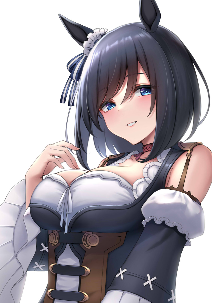 animal_ears black_hair blue_eyes blush bob_cut breasts choker collarbone commentary detached_sleeves eishin_flash_(umamusume) female highres horse_ears horse_girl large_breasts red_choker short_hair simple_background smile solo swept_bangs umamusume upper_body white_background wide_sleeves ym_(distance819)