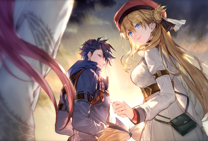 2boys aaron_wei achan_(blue_semi) agnes_claudel arm_strap bag belt black_ribbon blonde_hair blue_eyes blue_hair blue_jacket blurry blurry_foreground braid braided_bun breasts brown_belt closed_mouth cloud cloudy_sky commentary day depth_of_field dragon_print dress earrings eiyuu_densetsu female from_behind hair_between_eyes hair_bun hair_ribbon handbag jacket jewelry kuro_no_kiseki light_rays lips long_hair long_sleeves looking_at_viewer looking_back low-tied_long_hair medium_breasts multiple_boys out_of_frame outdoors red_hair ribbon short_hair single_hair_bun single_side_bun sky smile spiked_hair strap sunlight sunrise upper_body van_arkride white_dress white_jacket