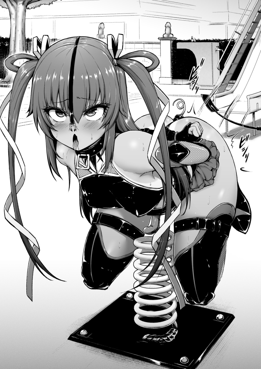 anal anal_object_insertion anal_tail arms_behind_back bondage bondage boots bound bound_arms bound_legs breasts elbow_gloves fake_tail female fishnet_armwear frogtie gloves greyscale hair_between_eyes hair_ribbon highres leotard long_hair looking_at_viewer lovelovemaid mizuki_yukikaze monochrome nose_hook object_insertion outdoors paid_reward_available park phallic_symbol pig_tail pony_play restrained ribbon saliva saliva_trail small_breasts solo spanking spring_rider tail taimanin_(series) taimanin_suit taimanin_yukikaze thigh_boots thighhighs thighhighs_under_boots twintails