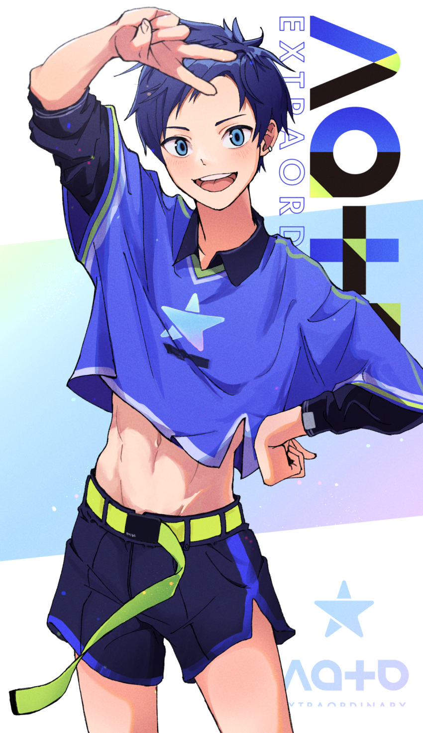 1boy belt black_shorts blue_eyes blush chip_ice crop_top cropped_shirt green_belt highres looking_at_viewer male_focus navel open_mouth original purple_hair purple_shirt shirt short_hair shorts simple_background smile solo toned toned_male v