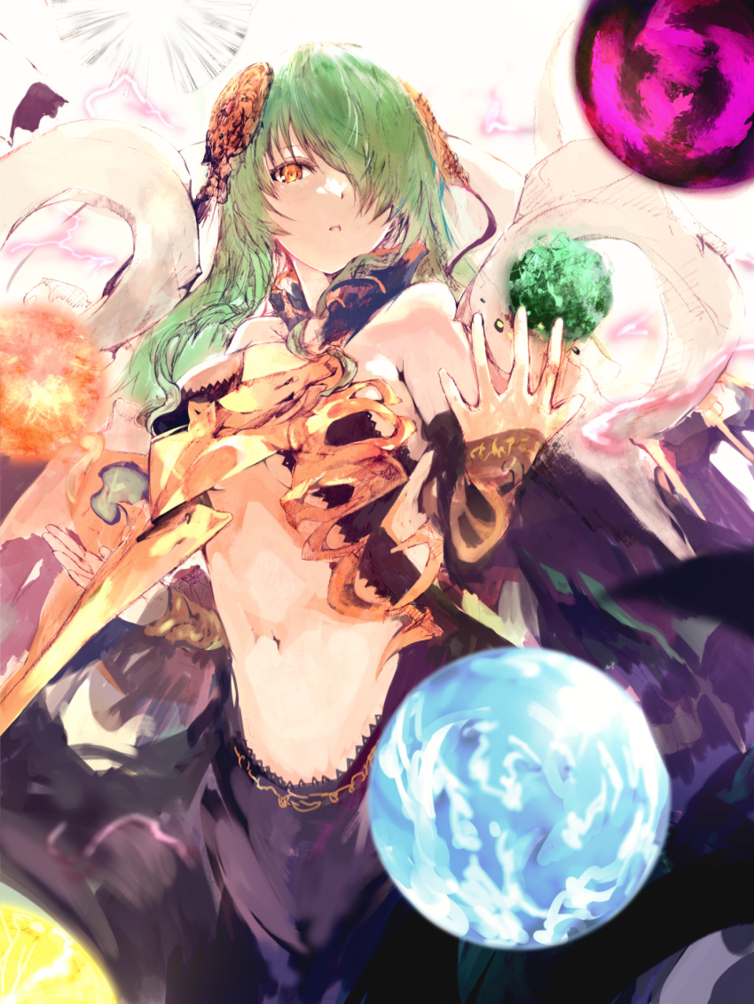 agulo dress female green_hair hair_ornament hair_over_one_eye highres hornet_(rance) long_hair looking_at_viewer magic midriff navel rance_(series) rance_10 solo yellow_eyes