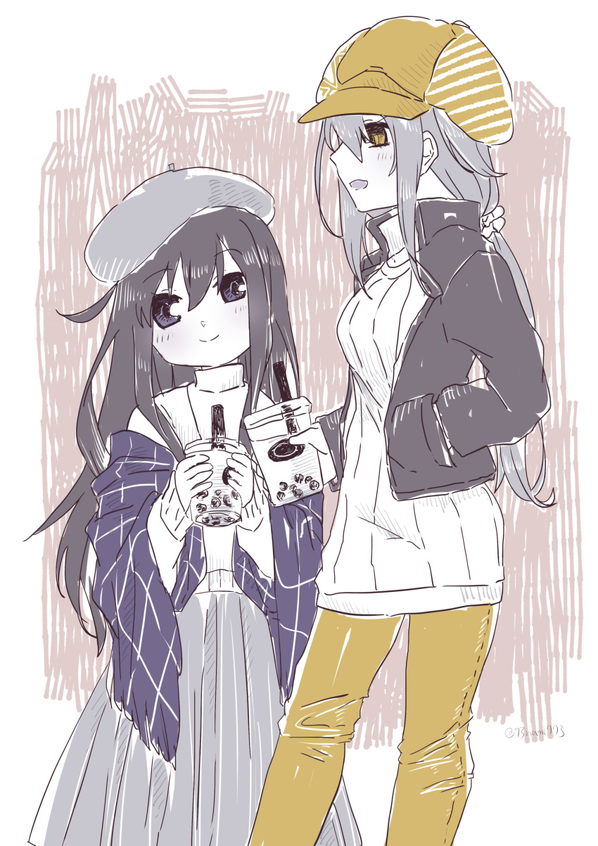 2girls akatsuki_(kancolle) alternate_costume alternate_hairstyle beret blush breasts bubble_tea closed_mouth commentary cowboy_shot cup disposable_cup drinking_straw flat_cap hair_between_eyes hair_ornament hair_scrunchie hands_in_pockets hat highres holding holding_cup jacket kantai_collection long_hair long_sleeves looking_at_viewer multiple_girls nami_nami_(belphegor-5812) pants pleated_skirt ribbed_sweater scrunchie shawl shiratsuyu_(kancolle) sidelocks skirt smile sweater turtleneck turtleneck_sweater twitter_username