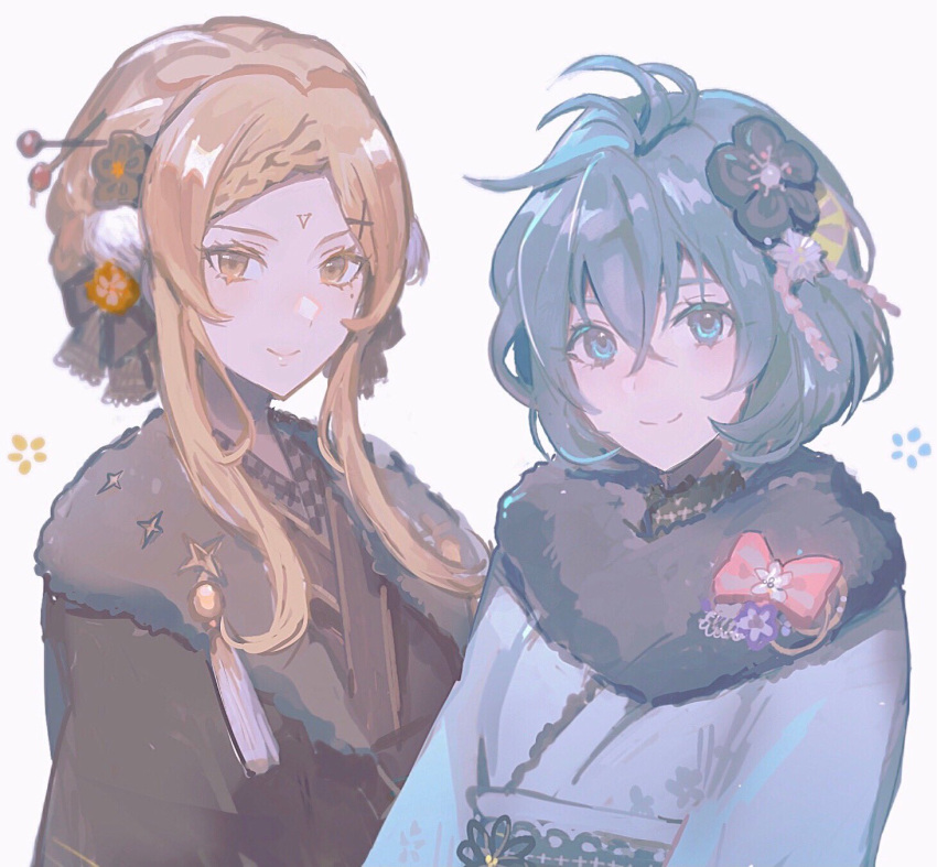 2girls antenna_hair blonde_hair blue_eyes blue_hair blue_kimono braid braided_bangs brown_kimono closed_mouth commentary drag-on_dragoon drag-on_dragoon_3 facial_mark five_(drag-on_dragoon) flower forehead_mark fur-trimmed_kimono fur_trim hair_flower hair_ornament highres japanese_clothes kanzashi kimono long_hair looking_at_viewer miichinori mole mole_under_eye multiple_girls obi roman_numeral sash short_hair siblings sidelocks symbol-only_commentary tsumami_kanzashi two_(drag-on_dragoon) white_background x_hair_ornament yellow_eyes