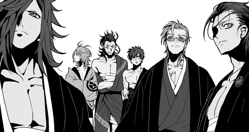 6+boys alternate_hairstyle commentary_request doudanuki_masakuni eyepatch greyscale hair_over_one_eye japanese_clothes male_focus monochrome multiple_boys nansen_ichimonji nihongou_(touken_ranbu) off_shoulder oodenta_mitsuyo pectoral_cleavage pectorals sanchoumou scar shokudaikiri_mitsutada sunglasses tattoo touken_ranbu upper_body yuuki_(yukko7474)