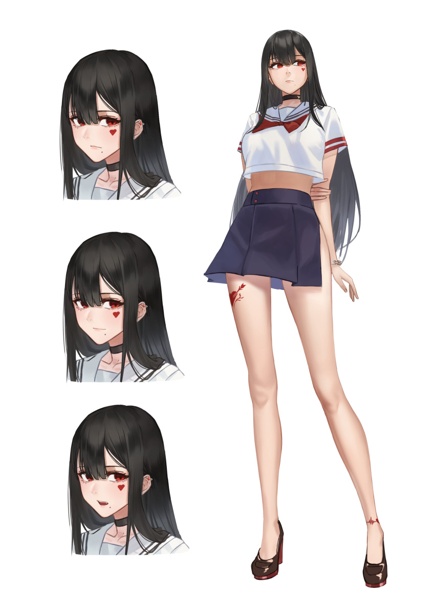 absurdres arms_behind_back bare_legs black_hair breasts brown_footwear choker closed_mouth crop_top crop_top_overhang enokawa_kokoro_(hara_kenshi) expressions facial_mark female from_below full_body hair_between_eyes hara_kenshi heart high_heels highres legs long_hair looking_away medium_breasts midriff miniskirt mole mole_under_mouth multiple_views original red_eyes sailor_collar shirt short_sleeves side_slit sidelocks skirt tattoo very_long_hair white_shirt