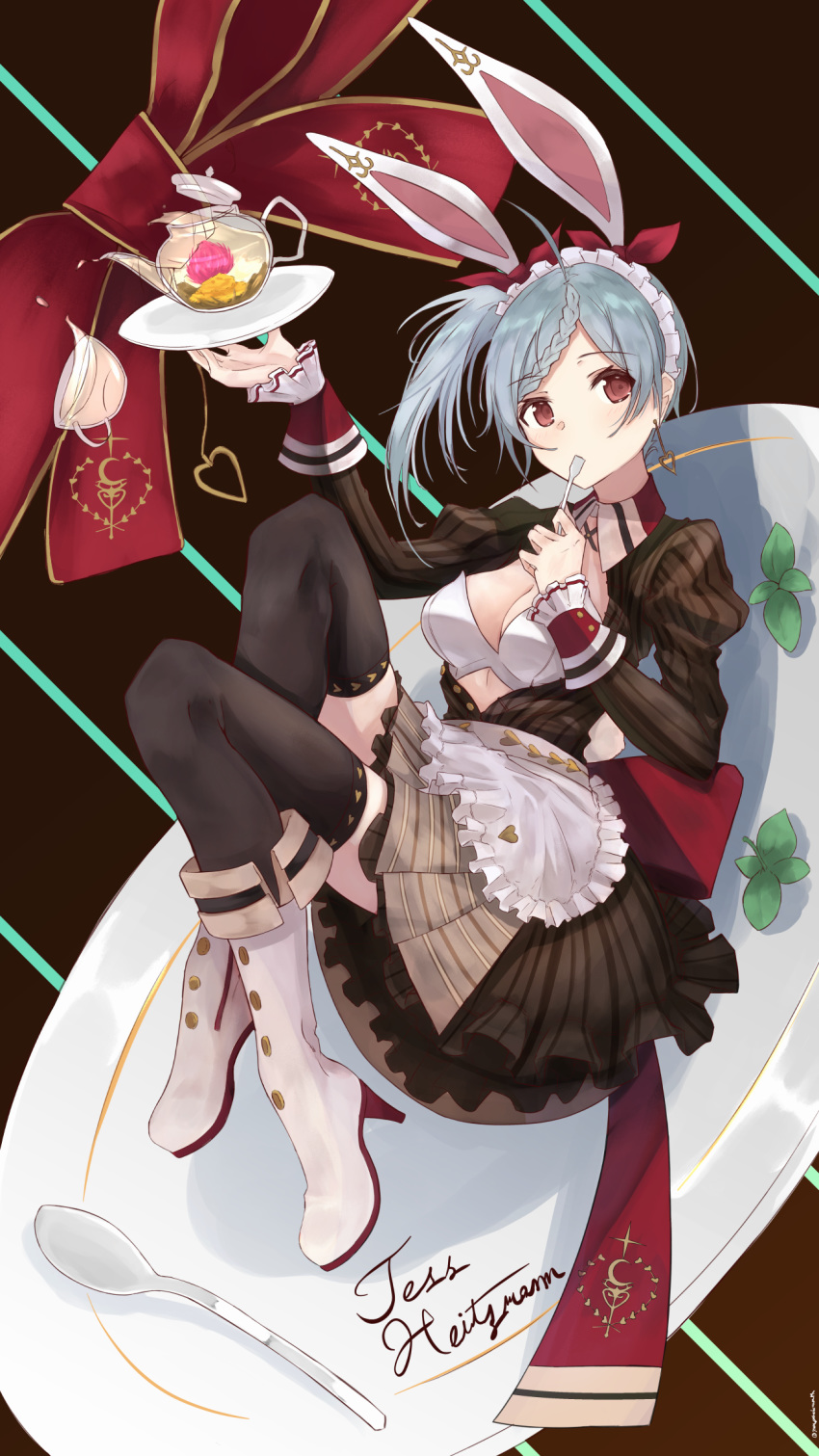 ahoge animal_ears apron atelier_(series) atelier_sophie black_thighhighs blue_hair boots bow braid braided_bangs breasts brown_background brown_eyes brown_skirt character_name commentary_request cup diagonal_stripes earrings female flower heart heart_earrings high_heels highres jewelry knee_boots maid_headdress medium_breasts plate pleated_skirt qmmparabellum rabbit_ears red_bow side_ponytail signature single_earring skirt sleeves_past_wrists solo spoon striped striped_background teacup teapot tess_heitzmann thighhighs tray waist_apron waitress white_apron