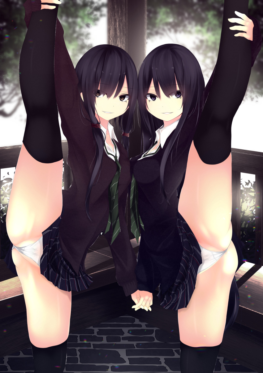 2girls bad_id bad_twitter_id black_hair black_legwear black_skirt black_sweater blue_eyes breast_press brown_eyes collared_shirt commentary cowboy_shot fiesuke flexible grin highres holding_hands inactive_account long_hair long_sleeves loose_necktie multiple_girls necktie original panties pleated_skirt school_uniform shirt short_hair_with_long_locks sidelocks skirt smile split standing standing_on_one_leg standing_split striped_clothes striped_skirt sweater symmetrical_docking symmetry thighhighs underwear vertical-striped_clothes vertical-striped_skirt very_long_hair white_panties white_shirt