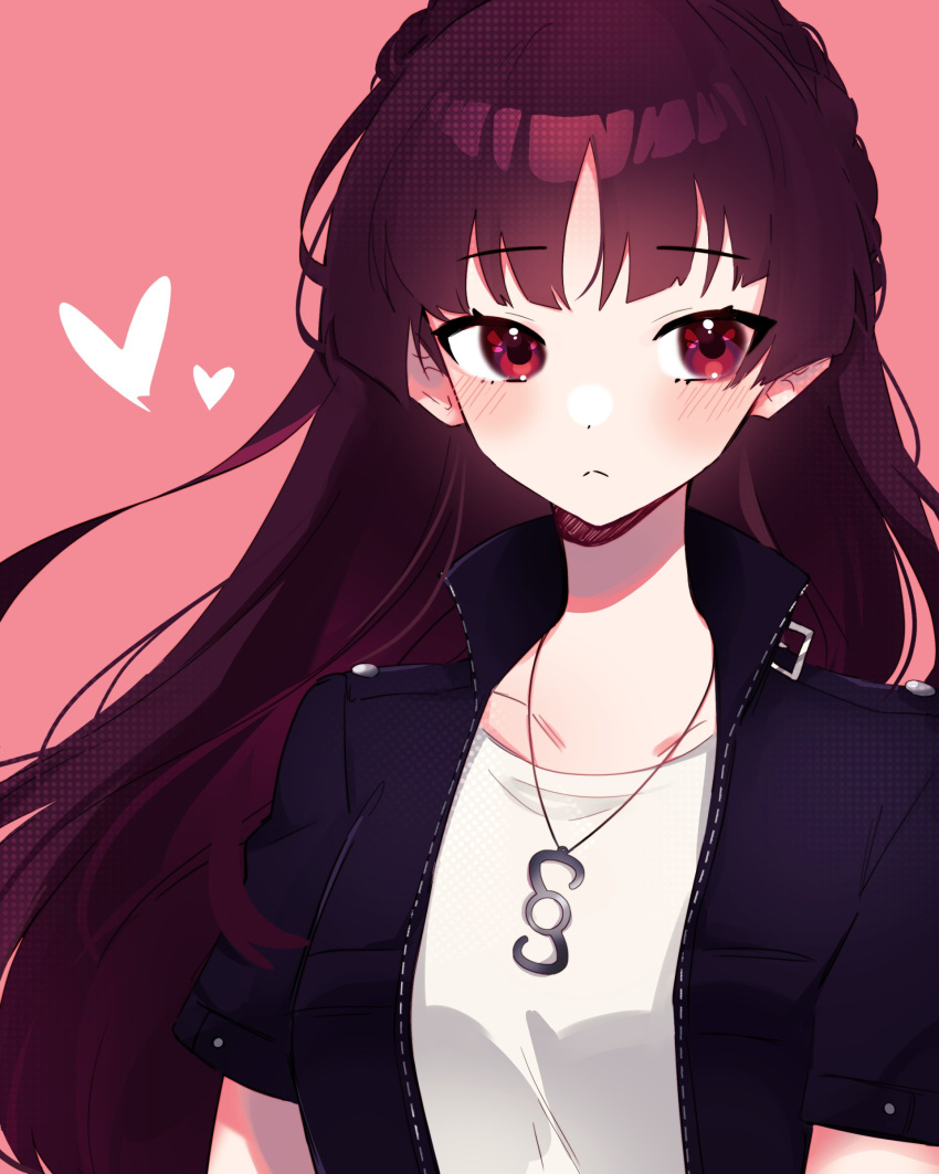 :< absurdres alternate_hair_length alternate_hairstyle bad_id bad_twitter_id black_jacket blush braid brown_hair closed_mouth collarbone commentary crown_braid emi_star english_commentary female heart high_collar highres jacket jewelry leather leather_jacket long_hair looking_to_the_side necklace niijima_makoto open_clothes open_jacket parted_bangs persona persona_5 persona_5_scramble:_the_phantom_strikers pink_background red_eyes shirt short_sleeves simple_background solo upper_body very_long_hair white_shirt