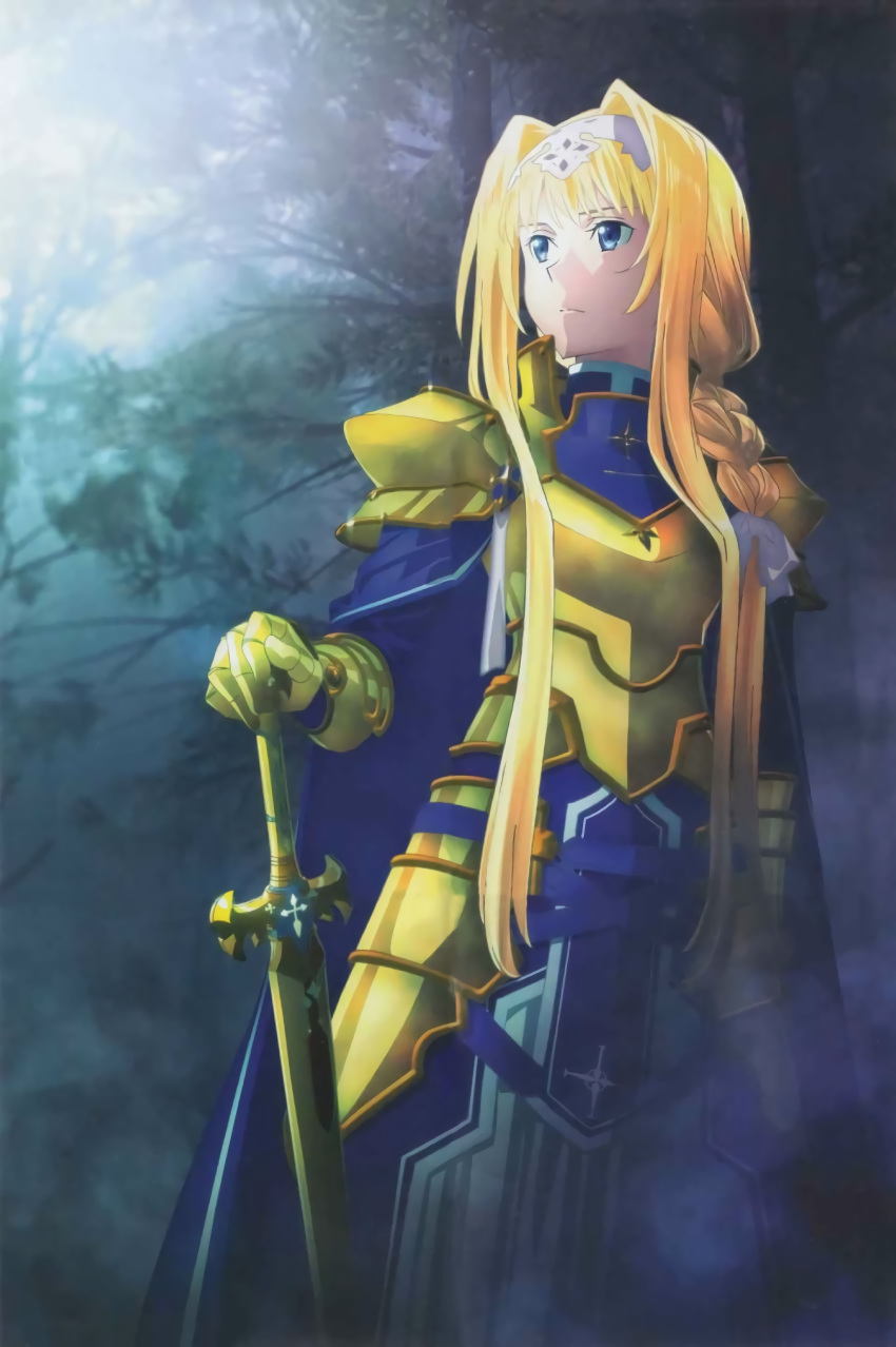 absurdres alice_zuberg armor armored_dress artist_request blonde_hair blue_cape blue_dress blue_eyes body_armor braid braided_ponytail cape dress female floating_hair gauntlets gloves glowing glowing_sword glowing_weapon gold_armor gold_gloves hairband highres holding holding_sword holding_weapon knight long_hair looking_away official_art osmanthus_blade pauldrons scan shoulder_armor solo sword sword_art_online sword_art_online:_alicization tree weapon white_hairband yellow_gloves