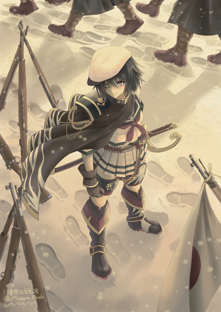 absurdres black_hair blush boots breasts brown_gloves cape closed_mouth dated eyepatch female flag footprints gloves hat highres japanese_flag kantai_collection kiso_(kancolle) kiso_kai_ni_(kancolle) neckerchief outdoors pleated_skirt red_neckerchief sailor_collar school_uniform serafuku sheath sheathed shirt short_sleeves skirt snow solo_focus standing sword twitter_username weapon white_headwear white_shirt yaegashi_(muzzuleflash)