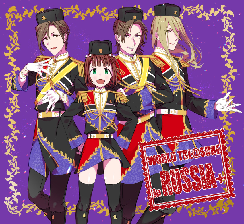 3boys amami_haruka black_legwear commentary_request female hide1p highres idolmaster idolmaster_(classic) idolmaster_side-m idolmaster_side-m_live_on_stage! kamiya_yukihiro koron_chris multiple_boys official_alternate_costume thighhighs world_tre@sure_(idolmaster) yamashita_jiro zettai_ryouiki