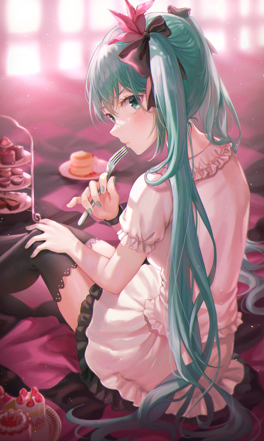 absurdres aqua_eyes blush cake checkered_blanket commentary dress female food fork from_behind frown green_eyes green_hair hair_ribbon hatsune_miku highres holding holding_fork knees_up long_hair looking_at_viewer md5_mismatch ribbon short_sleeves sitting solo strawberry_shortcake supreme_(module) thighhighs tokkyu twintails very_long_hair vocaloid world_is_mine_(vocaloid)