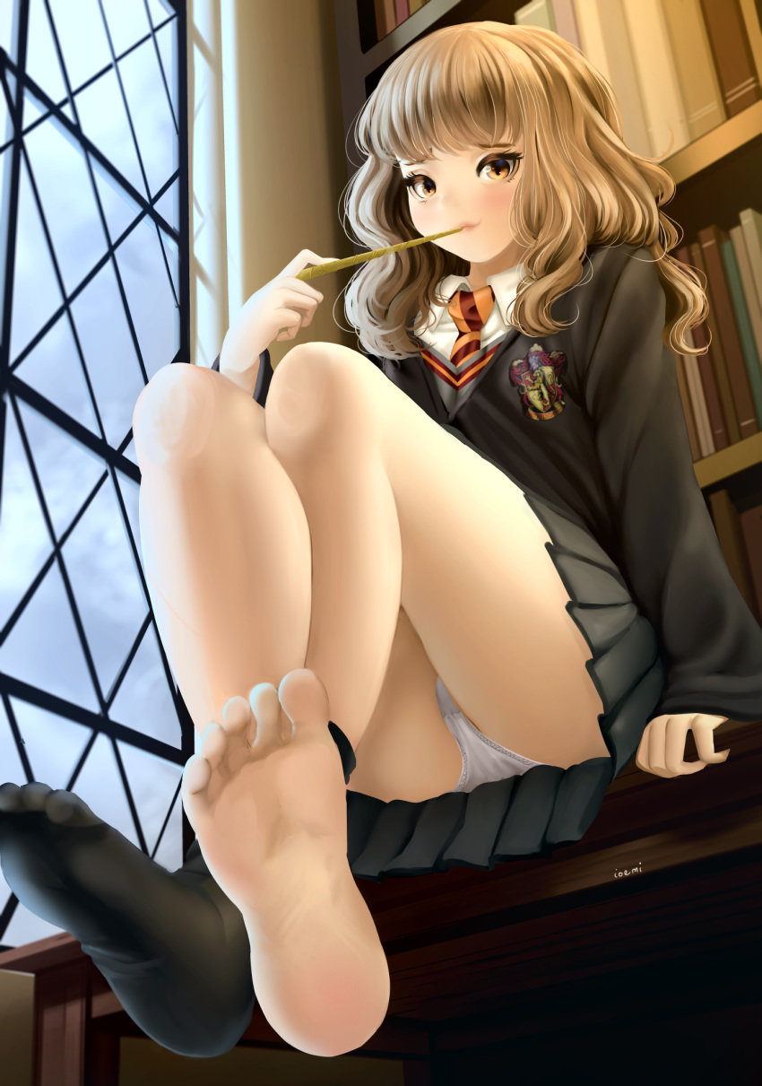 artist_name bad_id bad_pixiv_id barefoot black_skirt book bookshelf brown_eyes brown_hair closed_mouth collared_shirt commentary commission day diagonal-striped_clothes diagonal-striped_necktie dkoro english_commentary feet female gryffindor harry_potter_(series) hermione_granger highres hogwarts_school_uniform holding holding_wand indoors long_hair looking_at_viewer necktie orange_necktie panties pantyshot pleated_skirt school_uniform shirt sitting skirt sleeves_past_wrists smile solo striped_clothes striped_necktie underwear wand white_panties white_shirt window wing_collar wizarding_world