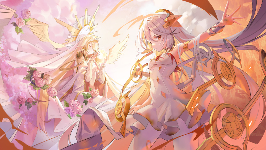 2girls absurdres alchemy_stars armlet armpits backlighting bad_id bad_pixiv_id bare_shoulders blonde_hair bracelet breasts burnt_clothes cape closed_eyes closed_mouth cloud commentary_request dress flower frilled_dress frills gabriel_(alchemy_stars) hands_up harusame_(user_wawj5773) highres holding_orb jewelry korean_commentary leaf long_hair long_sleeves looking_at_viewer medium_breasts multiple_girls orange_eyes outstretched_hand partial_commentary pink_flower pink_rose rose sad smile strapless strapless_dress uriel_(alchemy_stars) veil very_long_hair white_cape white_dress white_hair white_legwear wings