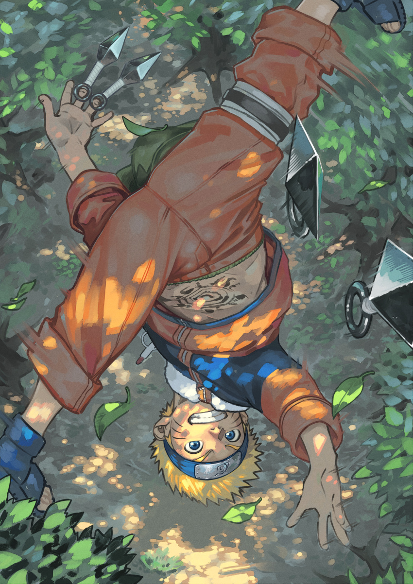 1boy between_fingers blonde_hair blue_eyes body_markings clenched_teeth commentary_request dagger dappled_sunlight facial_mark forehead_protector from_above headpiece highres holding holding_dagger holding_knife holding_weapon knife konohagakure_symbol kunai leaf lolicon looking_at_viewer looking_up male_focus midriff morning motion_blur naruto naruto_(series) ninja orange_pants outdoors pants sandals shigeru_(shounen_zoom) short_hair smile solo spinning split spread_legs stomach_tattoo sunlight tattoo teeth throwing tree twisted_torso upside-down uzumaki_naruto v-shaped_eyebrows weapon whisker_markings