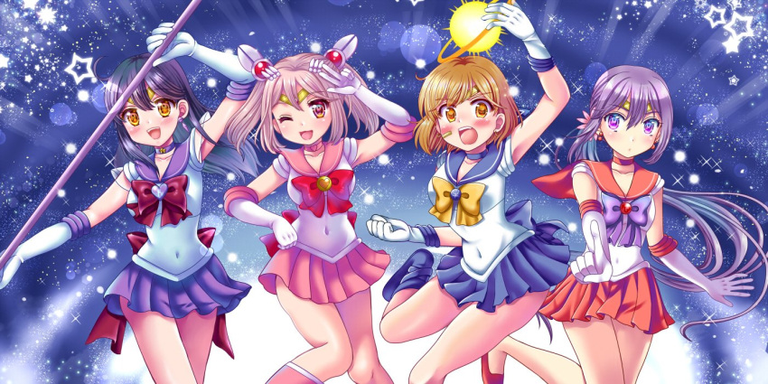 4girls ahoge akebono_(kancolle) aura back_bow bandaid bandaid_on_face bell bishoujo_senshi_sailor_moon bishoujo_senshi_sailor_moon_s black_hair blue_choker boots bow breasts brooch brown_eyes brown_hair choker circlet commentary_request cosplay earrings elbow_gloves flower garnet_rod glaive_(polearm) gloves hair_bell hair_between_eyes hair_flower hair_ornament heart heart_brooch holding holding_polearm holding_weapon inner_senshi izumi_shara jewelry jingle_bell kantai_collection large_breasts long_hair magical_girl multiple_girls night oboro_(kancolle) open_mouth polearm purple_eyes purple_hair purple_sailor_collar red_ribbon red_sailor_collar ribbon sailor_chibi_moon sailor_chibi_moon_(cosplay) sailor_collar sailor_mars sailor_mars_(cosplay) sailor_moon_pose sailor_saturn sailor_saturn_(cosplay) sailor_senshi sailor_senshi_uniform sailor_uranus sailor_uranus_(cosplay) saturn_symbol sazanami_(kancolle) side_ponytail silence_glaive skirt sky smile star_(sky) star_(symbol) star_choker starry_sky super_sailor_saturn super_sailor_saturn_(cosplay) ushio_(kancolle) very_long_hair weapon white_gloves world_shaking