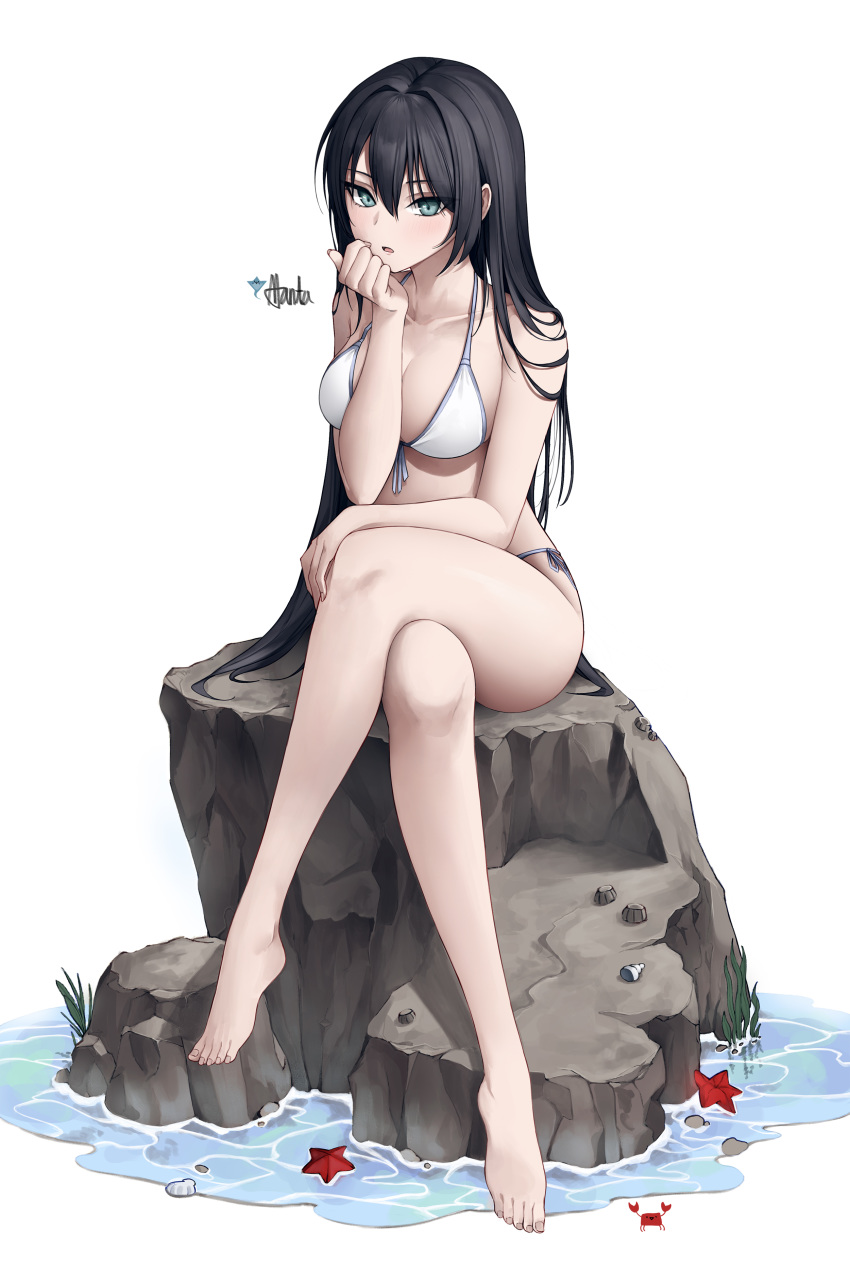 absurdres bare_shoulders bikini black_hair blush breasts cleavage collarbone crossed_legs female full_body hair_between_eyes highres large_breasts legs long_hair original rock side-tie_bikini_bottom sidelocks sitting sitting_on_rock solo starblue starfish swimsuit thighs toes very_long_hair water white_bikini