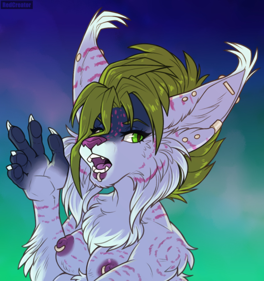 2022 5_fingers anthro areola breasts digital_media_(artwork) eyebrows eyelashes felid feline female fingers green_eyes hi_res looking_at_viewer mammal nipples nude open_mouth redcreator solo teeth tongue