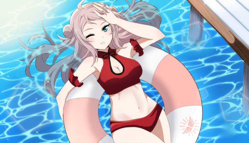 ahoge bikini blue_eyes blush breasts cleavage female hair_bun highres innertube korean_commentary large_breasts long_hair looking_at_viewer love_live! love_live!_nijigasaki_high_school_idol_club mole mole_under_eye ocean one_eye_closed pink_hair red_bikini solo striped_innertube swim_ring swimsuit water yumel_lot zhong_lanzhu