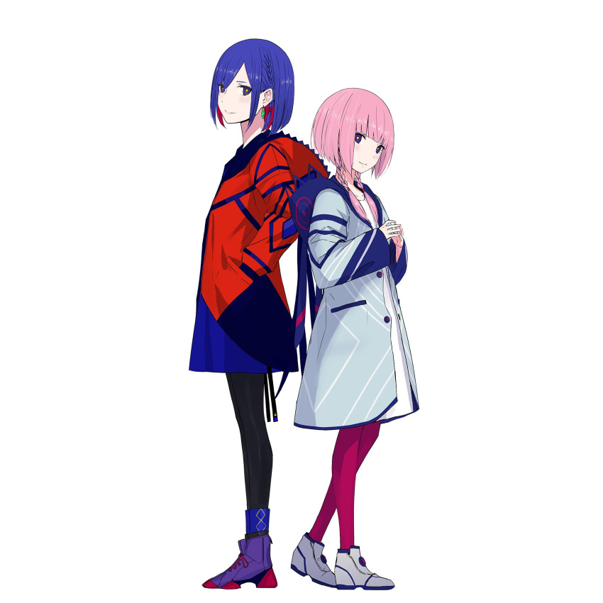 2girls back-to-back black_legwear blue_eyes blue_hair blush boots braid closed_mouth earrings full_body hands_in_pockets high_heel_boots high_heels highres hood hood_down hooded_jacket jacket jewelry kaf_(kamitsubaki_studio) kamitsubaki_studio long_sleeves looking_at_viewer low_twin_braids medium_hair multicolored_eyes multiple_girls official_art own_hands_together palow pink_hair pink_legwear purple_legwear red_eyes red_jacket rim_(kamitsubaki_studio) short_hair simple_background smile standing tied_hair twin_braids virtual_youtuber white_background white_footwear yellow_eyes