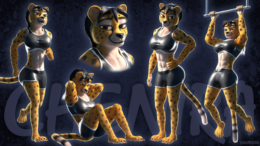 16:9 3d_(artwork) 4_toes 4k abs absurd_res anthro athletic athletic_anthro athletic_female athletic_wear barefoot big_breasts black_hair black_spots bottomwear bra breasts cheetah chenira_(johnwulffe) claws clothing digital_media_(artwork) facial_markings feet felid feline female fur gym_bottomwear gym_shorts hair head_markings hi_res johnwulffe looking_at_viewer mammal markings model_sheet muscular muscular_female running shorts sitting solo sports_bra sportswear spots standing tight_clothing toe_claws toes underwear whiskers widescreen yellow_body yellow_eyes yellow_fur