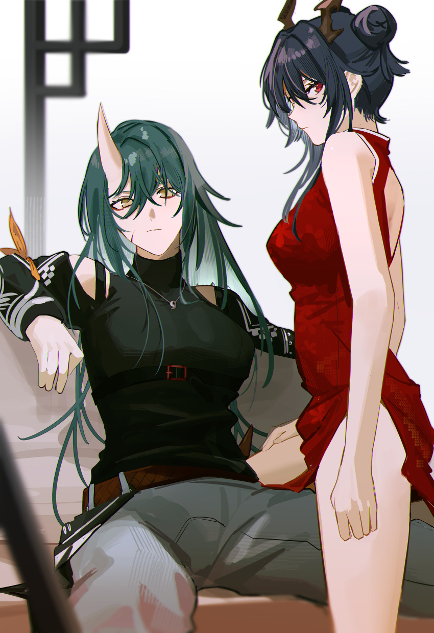 2girls 3o_c absurdres arknights arm_ribbon arm_scarf bare_shoulders belt black_shirt blue_hair brown_belt ch'en_(ageless_afterglow)_(arknights) ch'en_(arknights) china_dress chinese_clothes closed_mouth commentary couch dragon_girl dragon_horns dress green_hair hair_bun highres horns hoshiguma_(arknights) hoshiguma_(ronin_huntress)_(arknights) jewelry looking_at_viewer looking_to_the_side multiple_girls necklace official_alternate_costume pants red_dress red_eyes ribbon shirt single_hair_bun single_horn sitting skin-covered_horns sleeveless sleeveless_shirt standing strap symbol-only_commentary thighs turtleneck yellow_eyes