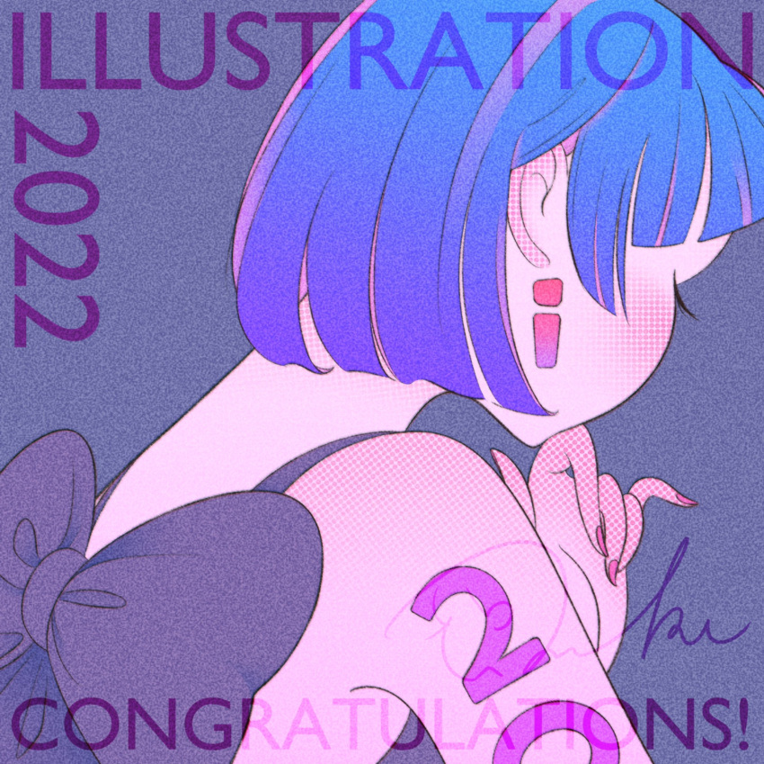 2022 back_bow blue_hair blunt_bangs blush bow congratulations female grey_background grey_bow hair_behind_ear halftone highres illustration.media original pink_nails rasukusekai short_hair solo