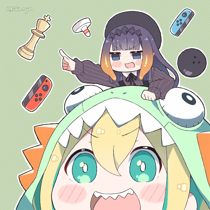 2girls air_hockey_mallet amano_pikamee artistic_error ball blonde_hair blue_eyes blush blush_stickers bowling_ball carrying chess_piece commentary dinosaur_hood green_eyes green_hair hat hololive hololive_english joy-con kukie-nyan long_hair multicolored_hair multiple_girls ninomae_ina'nis ninomae_ina'nis_(casual) open_mouth piggyback pointing pointy_ears purple_hair sharp_teeth simple_background smile striped striped_background teeth tentacle_hair twitter_username two-tone_hair virtual_youtuber voms